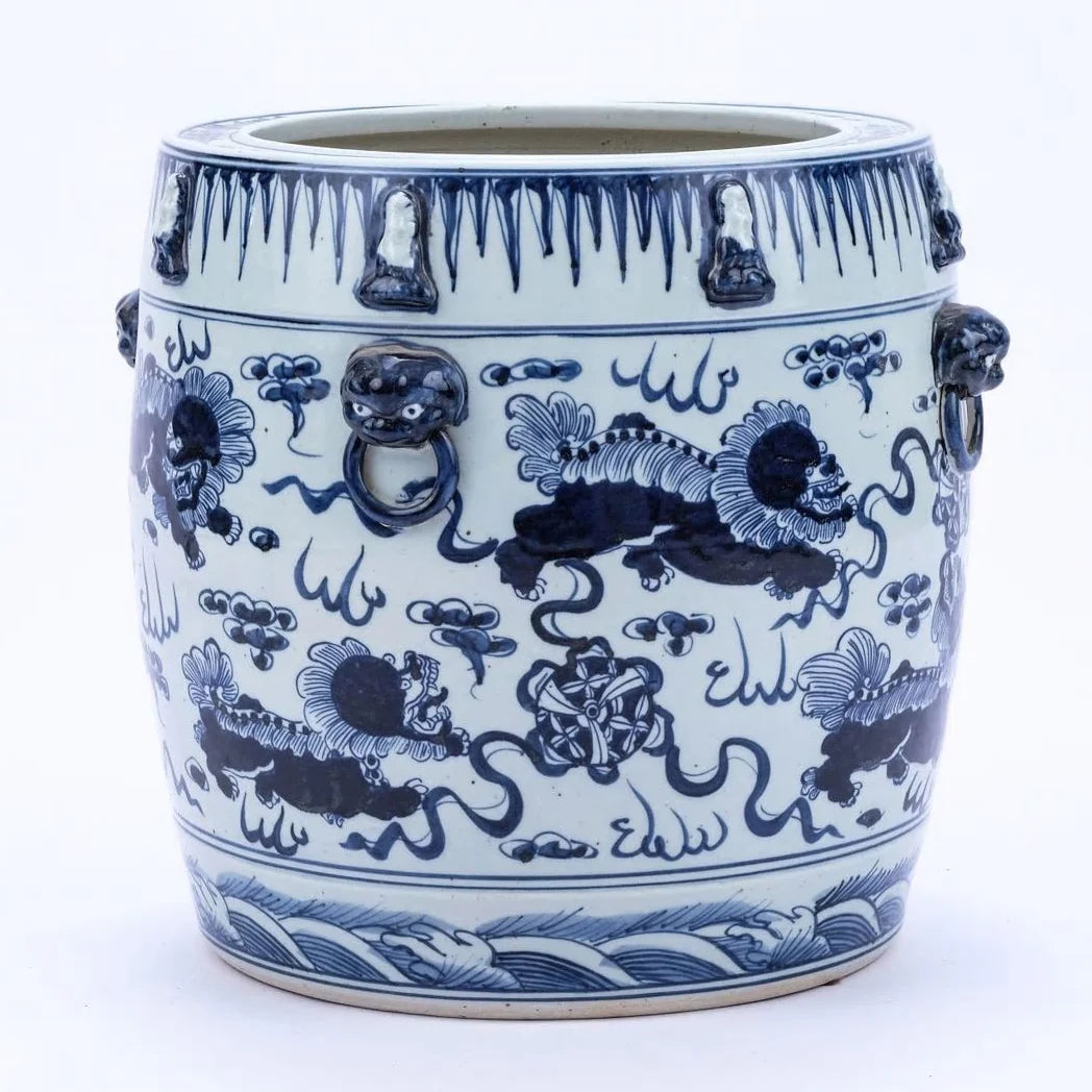 Blue & White Lion Drum Shaped Planter