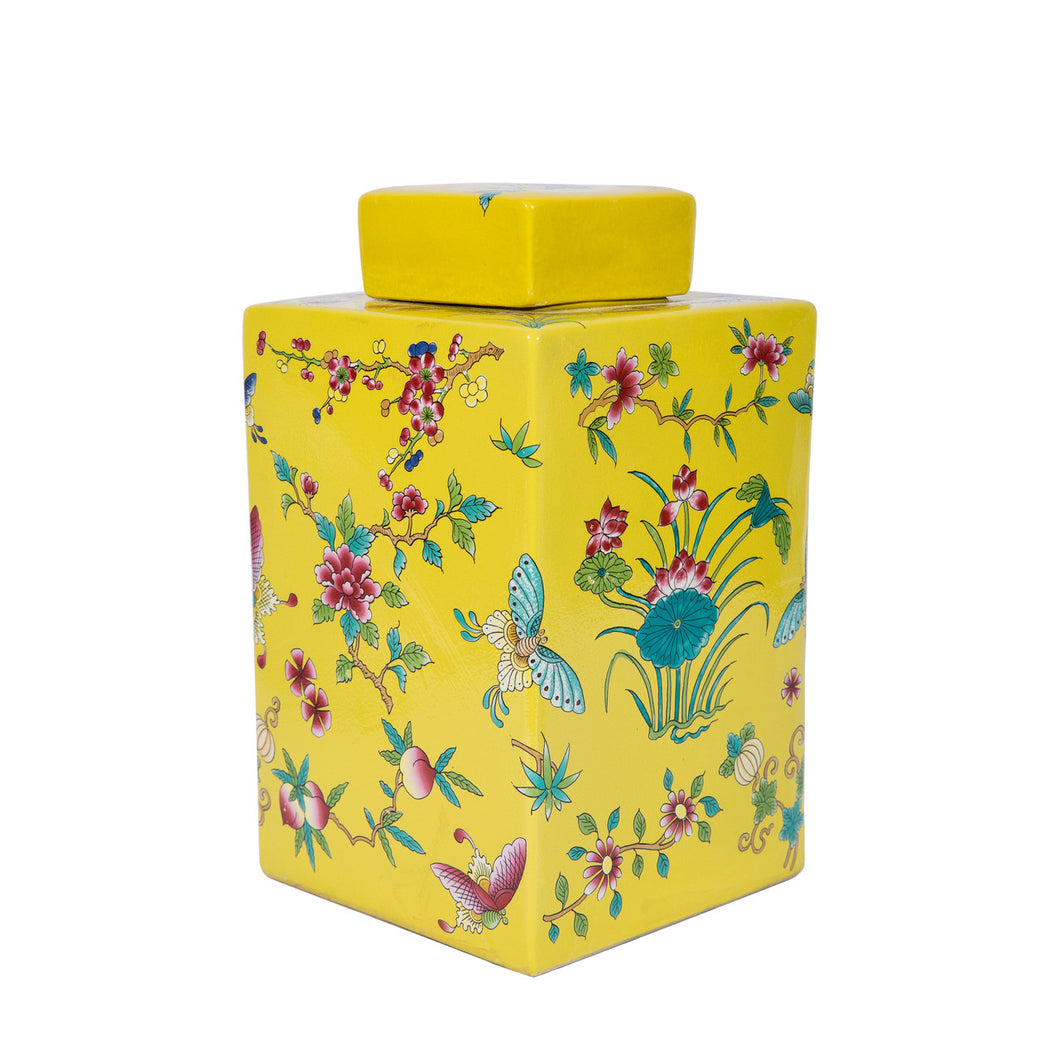 Yellow Square Tea Jar Lotus Motif