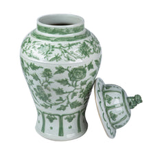 Load image into Gallery viewer, Celadon Green Carved Floral Temple Jar Lion Lid
