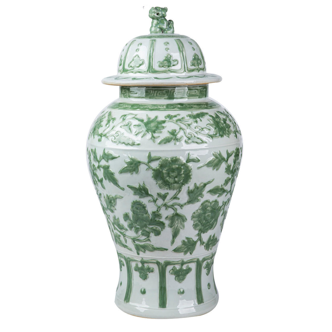 Celadon Green Carved Floral Temple Jar Lion Lid