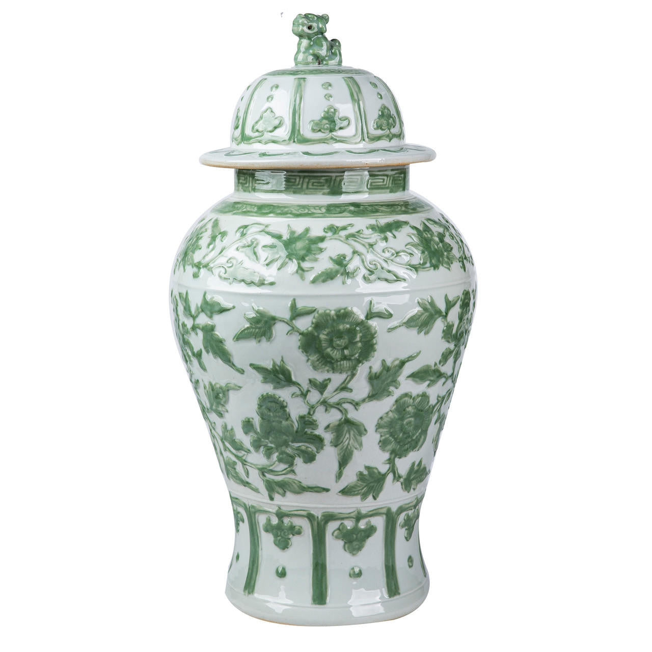 Celadon Green Carved Floral Temple Jar Lion Lid (Pre-Order)