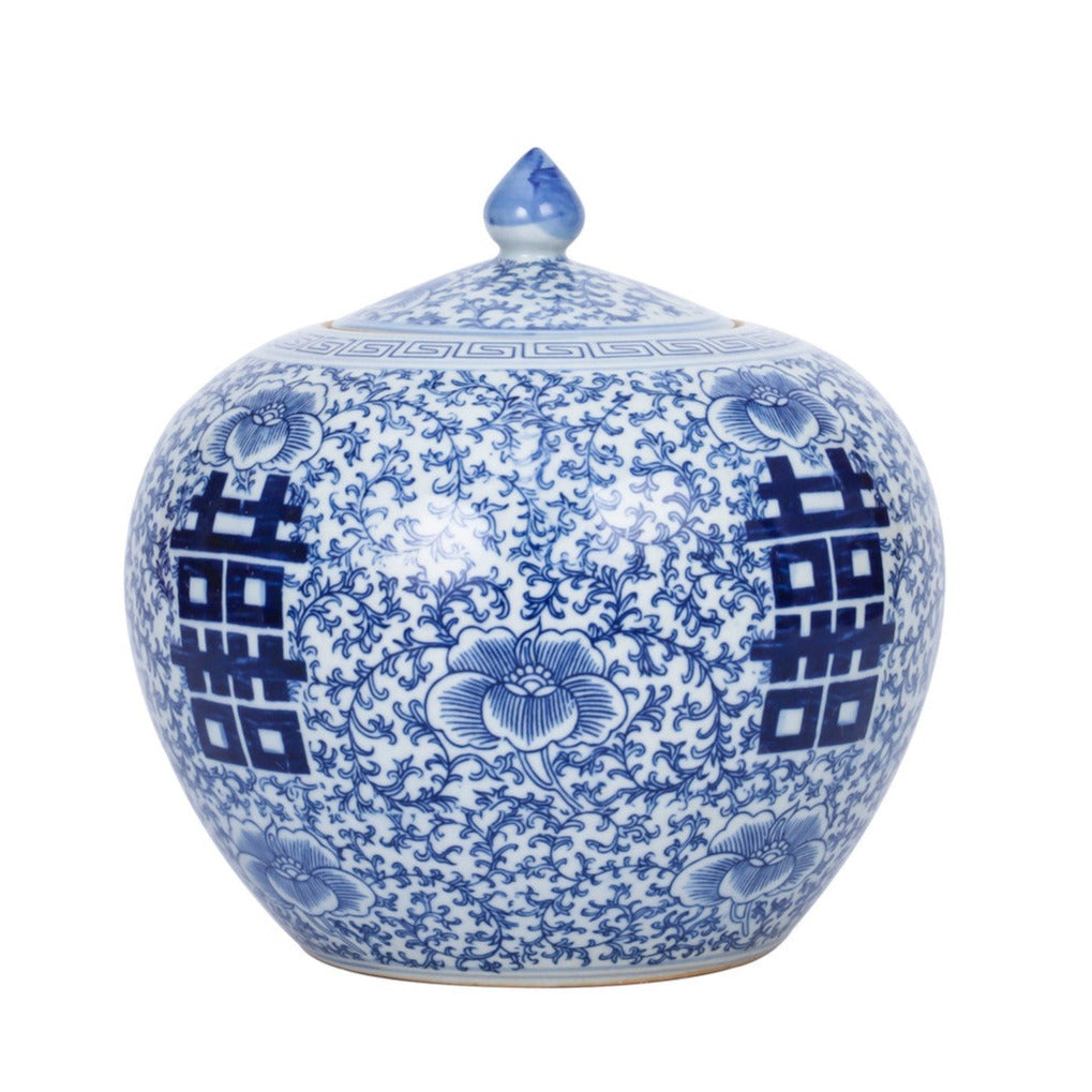 Blue and White Floral Double Happiness Melon Jar