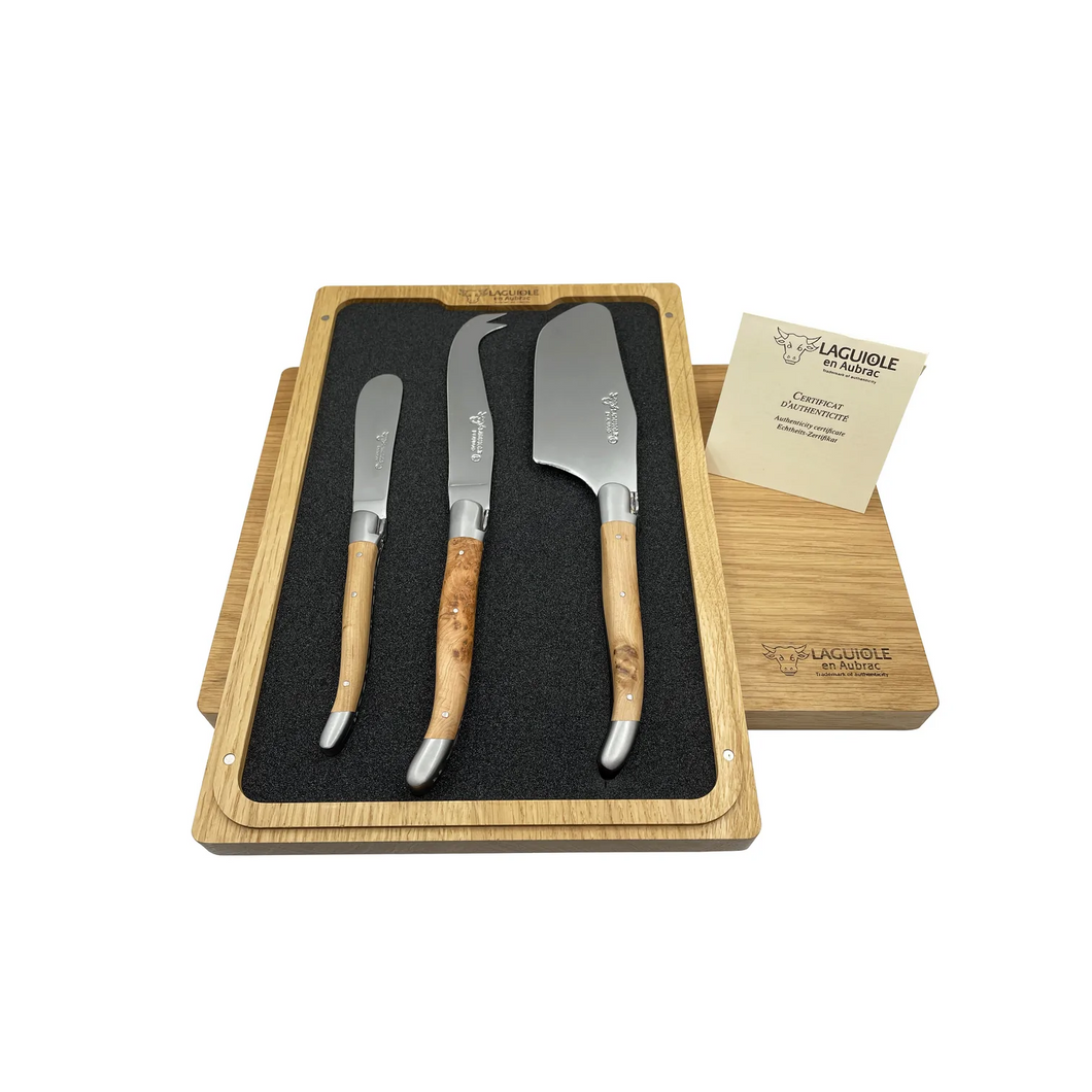 Laguiole en Aubrac Handcrafted 3-Piece Cheese Knife Set with Juniper Wood Handles