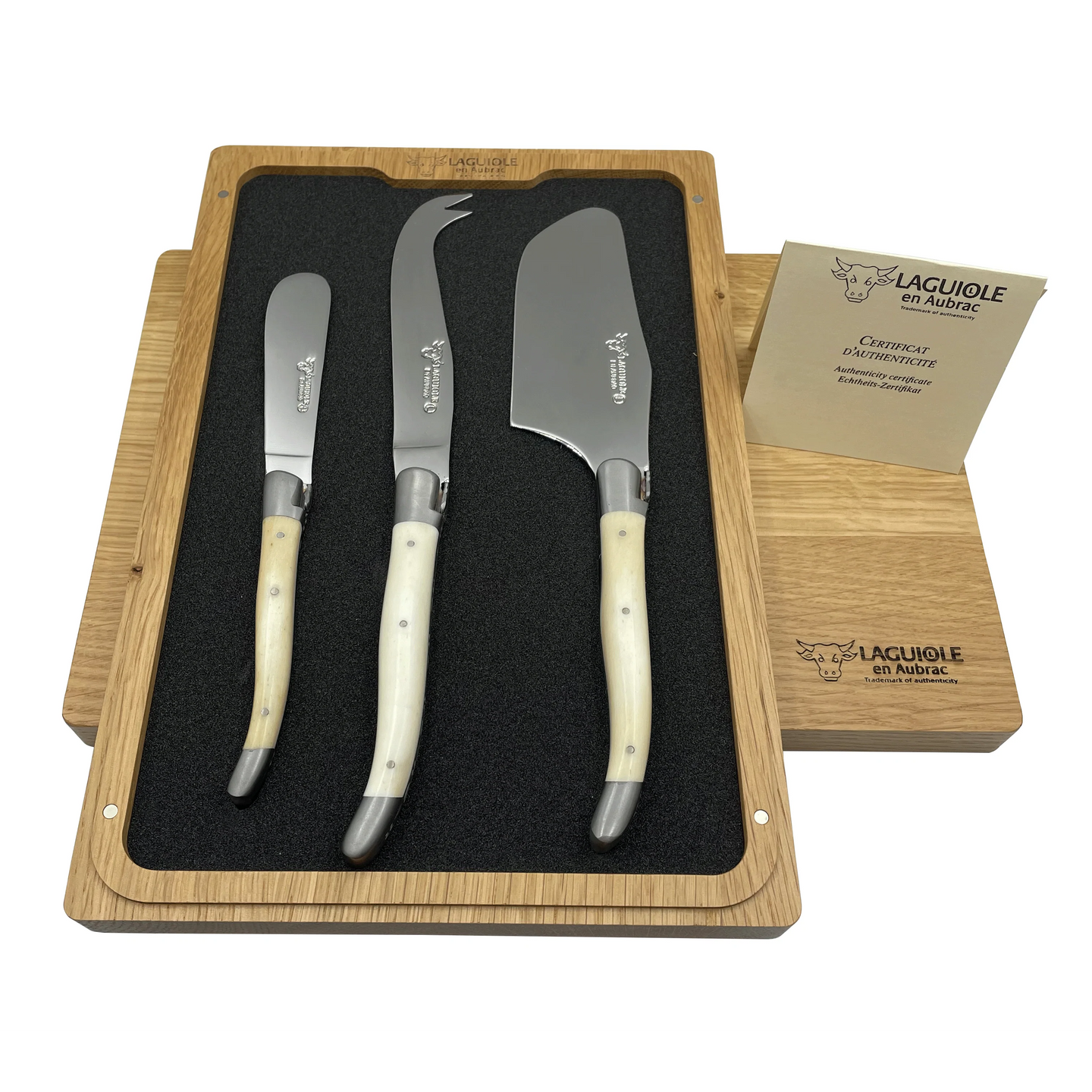 Laguiole en Aubrac Handcrafted 3-Piece Cheese Knife Set with Bone Handles