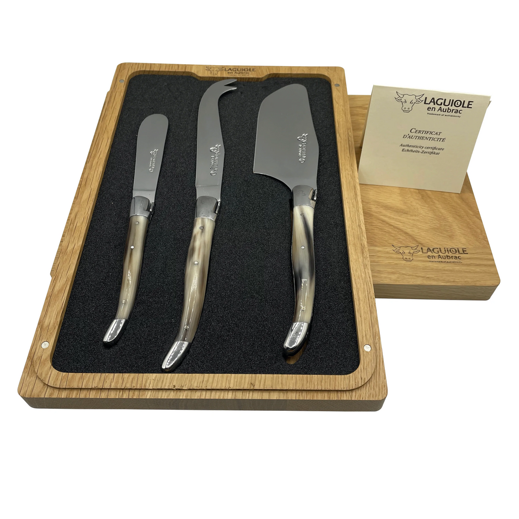 Laguiole en Aubrac Handcrafted 3-Piece Cheese Knife Set with Solid Horn Handles